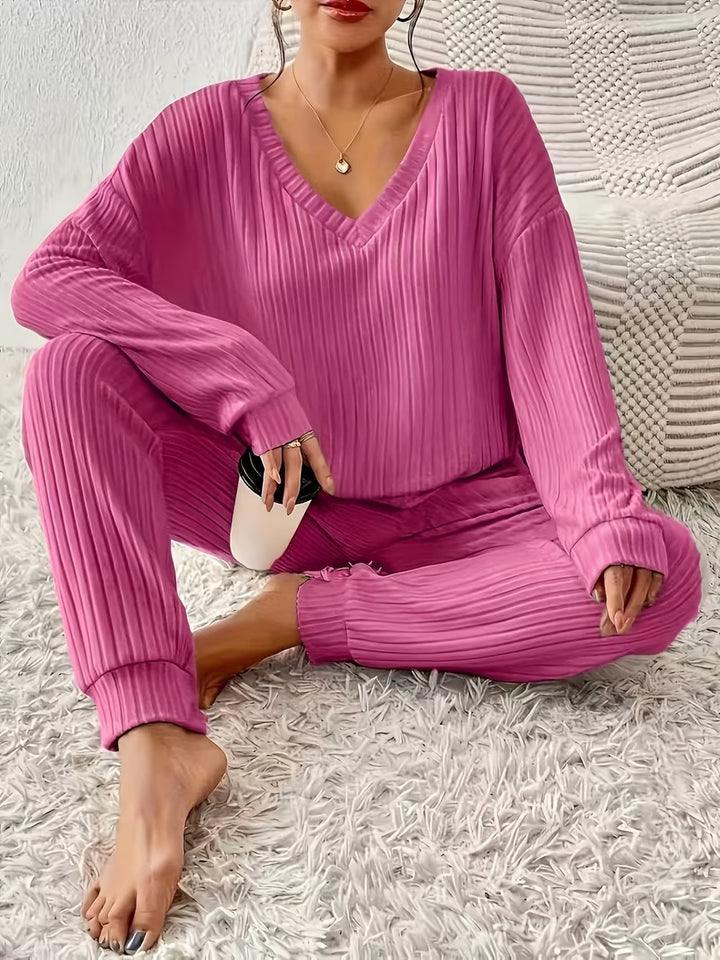 Damen Komfortables Rippstrick-Loungewear-Set mit V-Ausschnitt und Joggerhose Drune