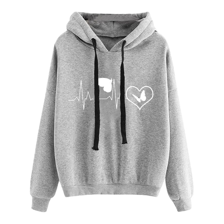 Damen nan leichter Oversize Kapuzenpullover mit Herz‑EKG‑Motiv, langen Kordeln und elastischem Bund Drune