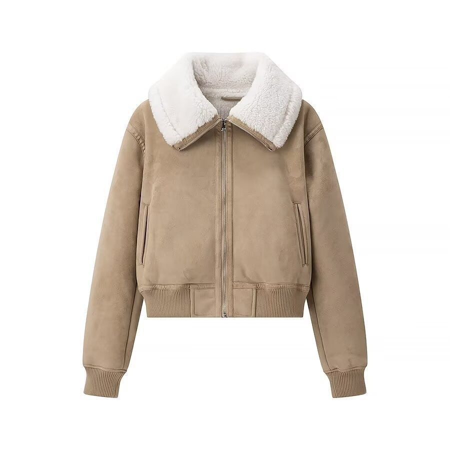 Damen Kurz geschnittene Bomberjacke mit Fake-Shearling-Kragen und Veloursoptik Drune
