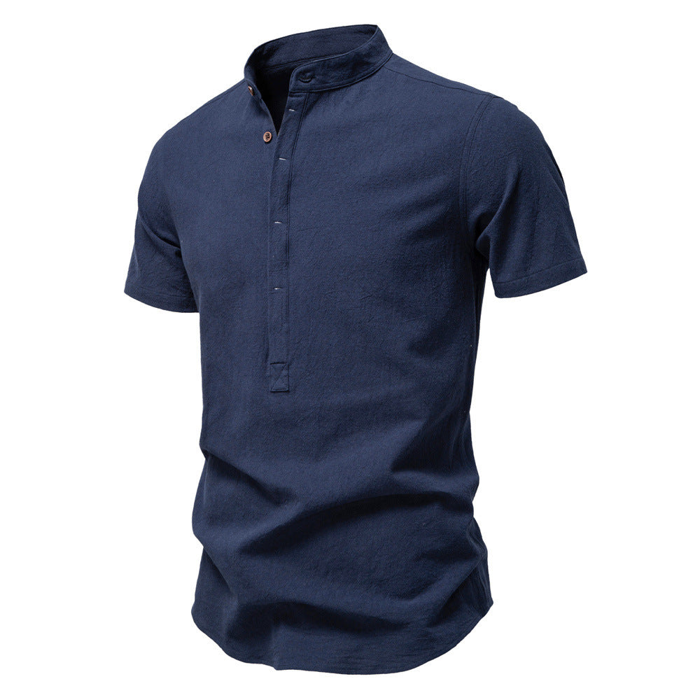 Herren nan lässiges Kurzarmshirt mit Stehkragen, halber Knopfleiste und leicht strukturierter Baumwoll-Leinen-Qualität Drune