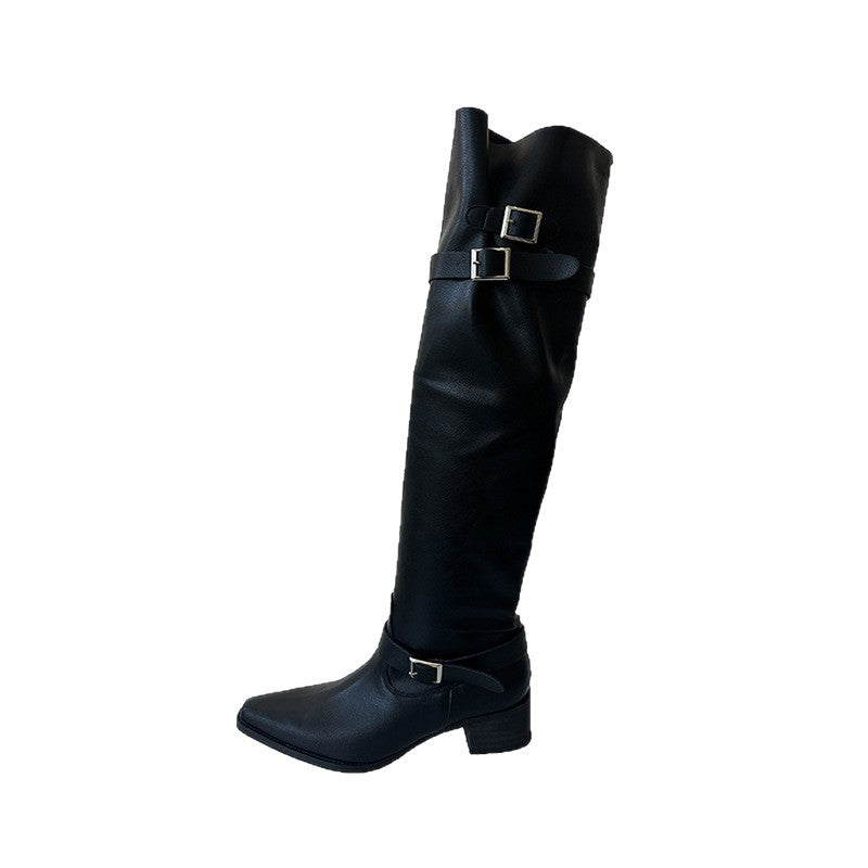 Damen Kniehohe Stiefel im Reiterstil mit verstellbaren Schnallen Drune