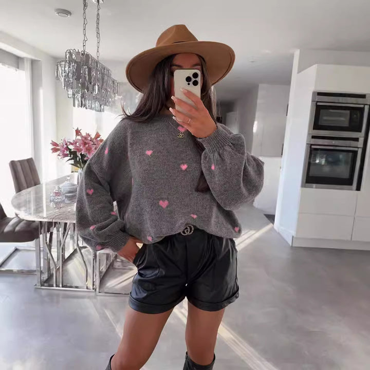 Damen kuscheliger Strickpullover mit Herzmotiv und weitem Schnitt Drune