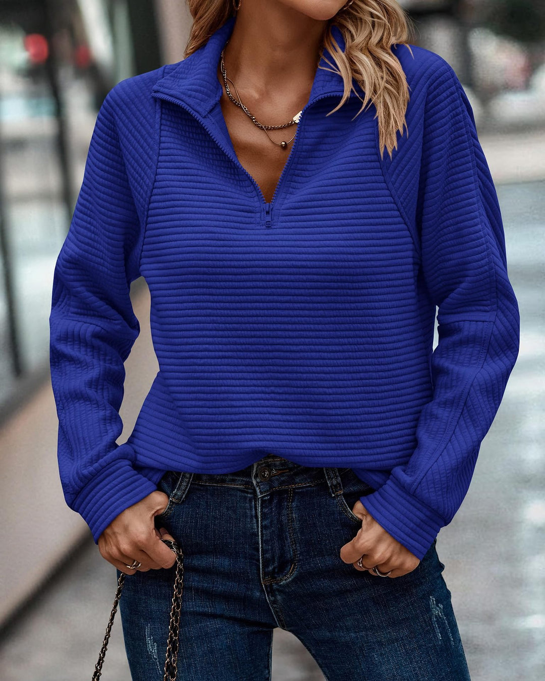 Damen Stepp-Pullover mit kurzem Reißverschluss und lässigem Schnitt Drune