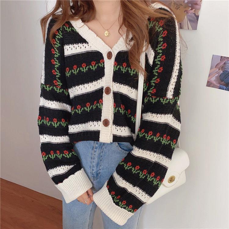 Damen modische Strickjacke mit floralem Design und breiten Ärmeln Drune