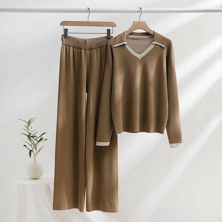 Damen gemütliches Strick-Loungewear-Set mit kontrastierendem Kragen und weitem Bein Drune