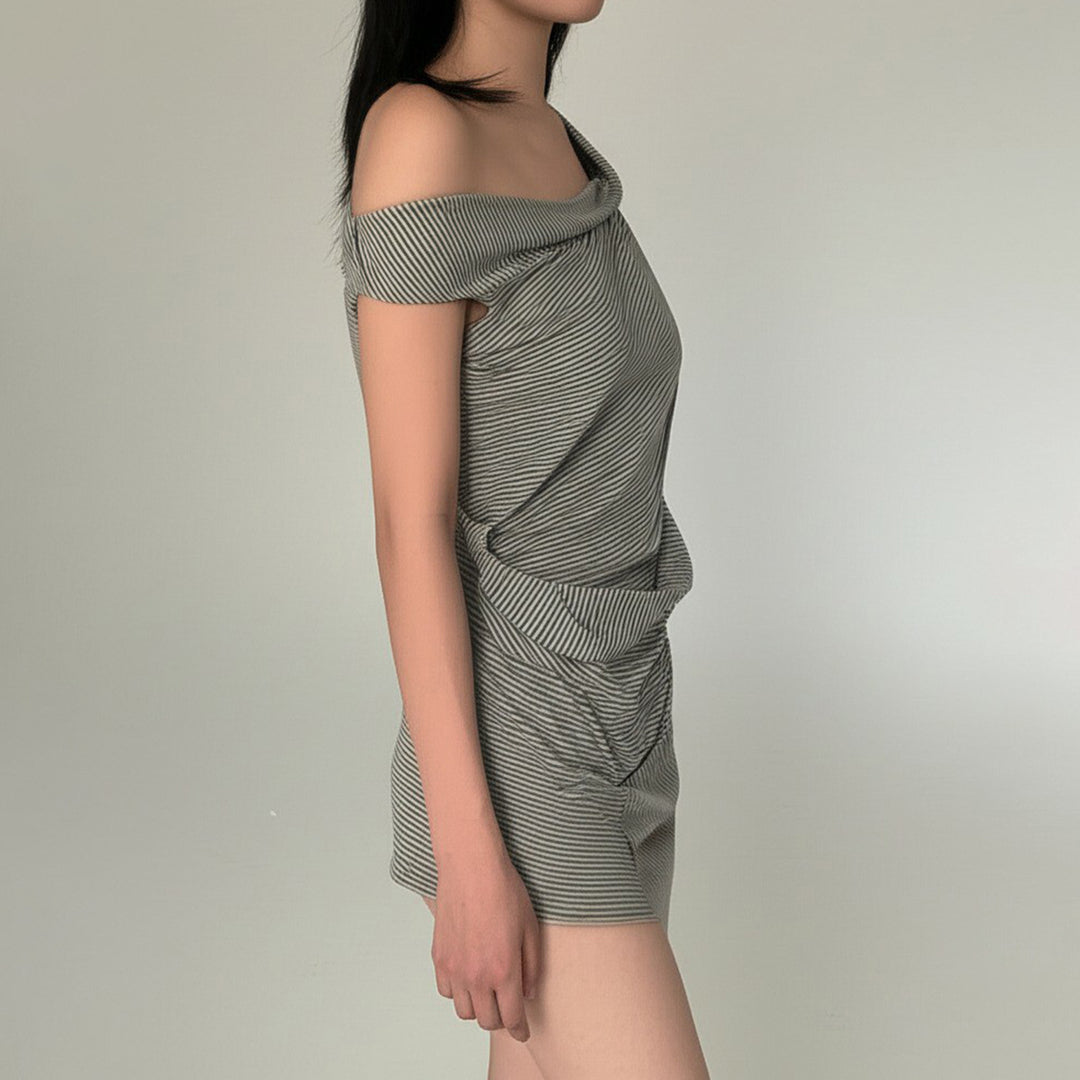 Damen asymmetrisches Kurzarm-Oberteil mit Streifenmuster und innovativem Design Drune