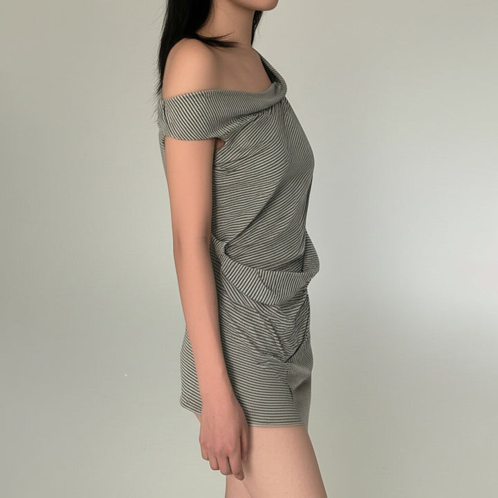 Damen asymmetrisches Kurzarm-Oberteil mit Streifenmuster und innovativem Design Drune