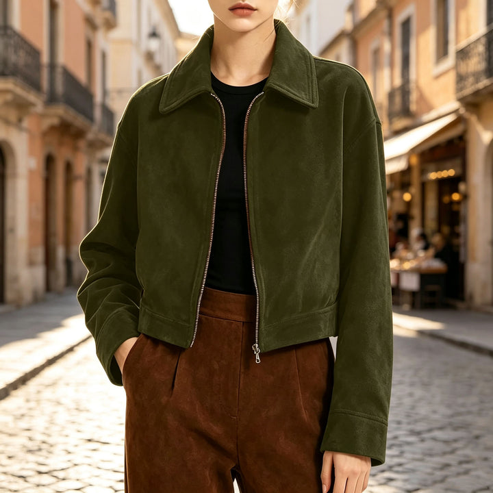 Damen Kurzjacke aus Wildlederoptik mit Reißverschluss und weitem Hemdkragen Drune