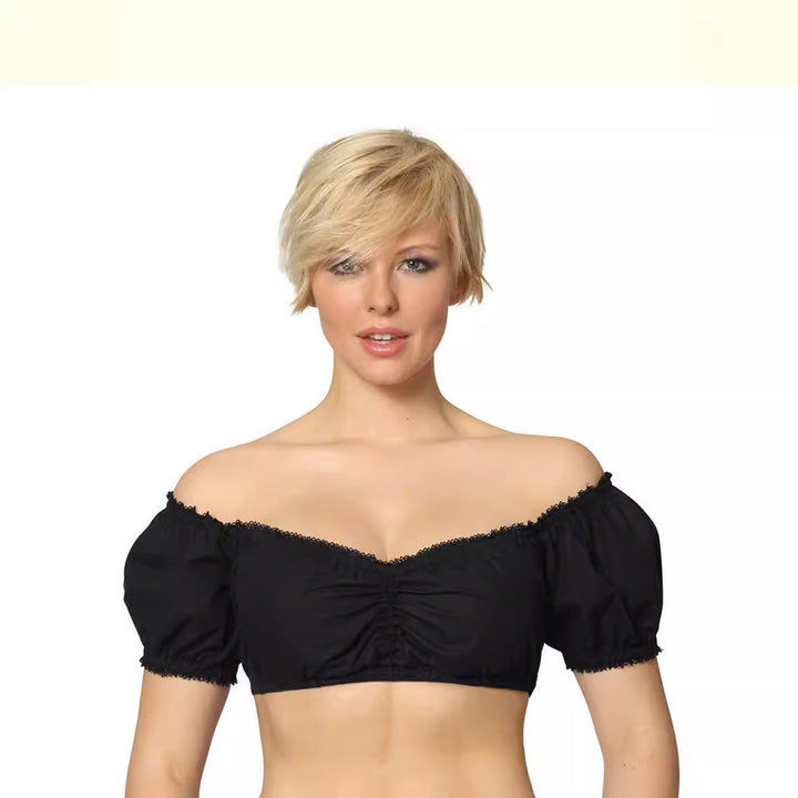 Damen  traditionelle Dirndlbluse mit feiner Spitze, tiefem Herzausschnitt und geraffter Taille Drune