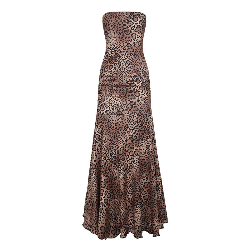 Damen elegantes Wickelkleid mit Leopardenmuster und voluminösem Saum Drune