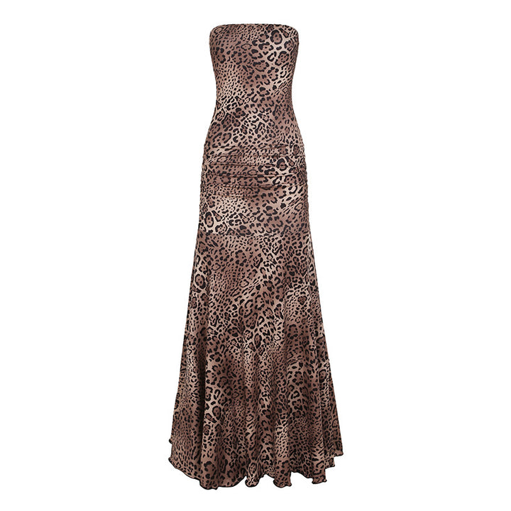 Damen elegantes Wickelkleid mit Leopardenmuster und voluminösem Saum Drune