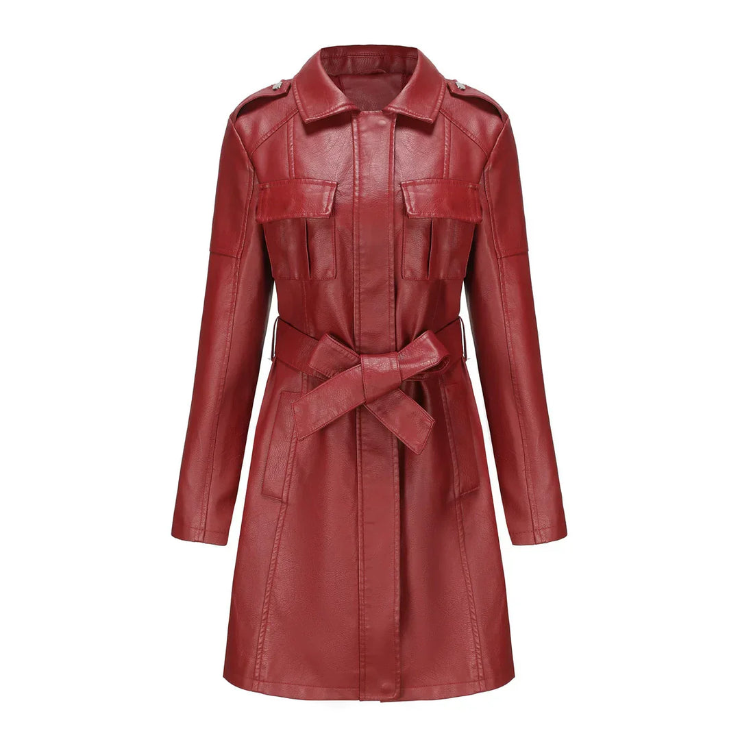 Drune | Schicke Lange Damen PU-Lederjacke mit Taschen