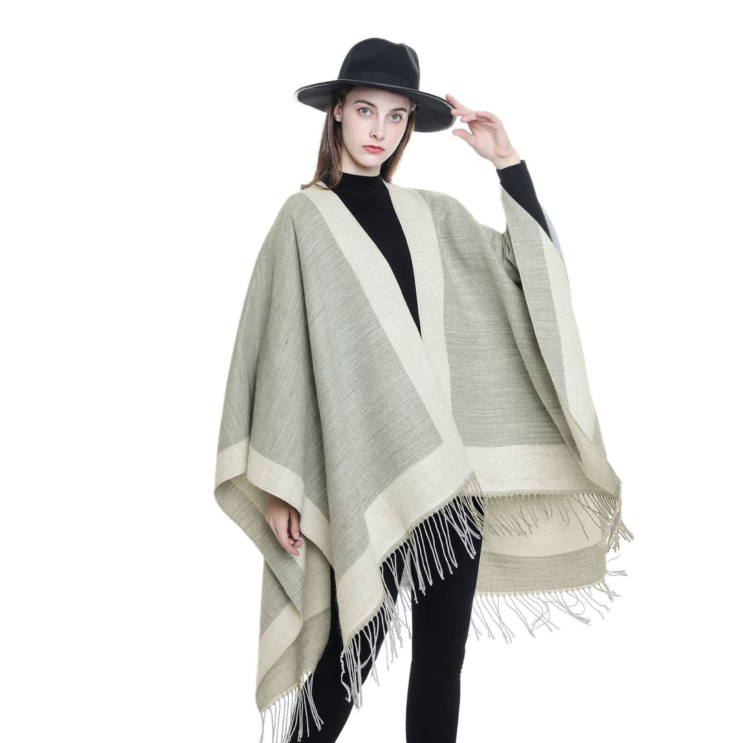Damen Ruana‑Poncho mit Fransensaum und Fischgrät‑Webstruktur Drune