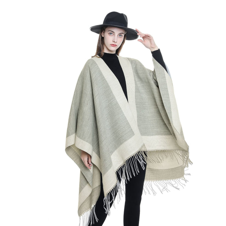 Damen Ruana‑Poncho mit Fransensaum und Fischgrät‑Webstruktur Drune