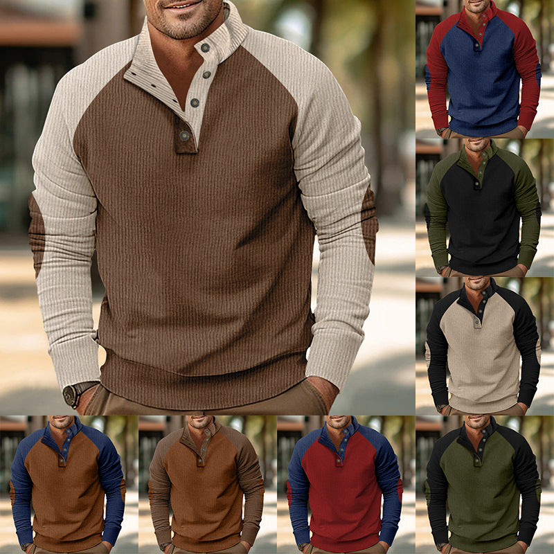 Herren Warmer Waffelstruktur-Henleypullover mit Kontrast-Raglanärmeln & Stehkragen Drune