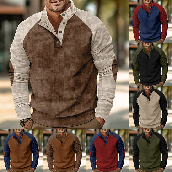 Herren Warmer Waffelstruktur-Henleypullover mit Kontrast-Raglanärmeln & Stehkragen Drune
