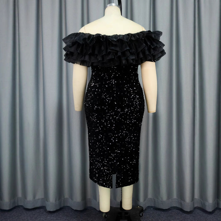 Damen Elegantes Abendkleid mit voluminösen Rüschen und funkelnden Pailletten Drune