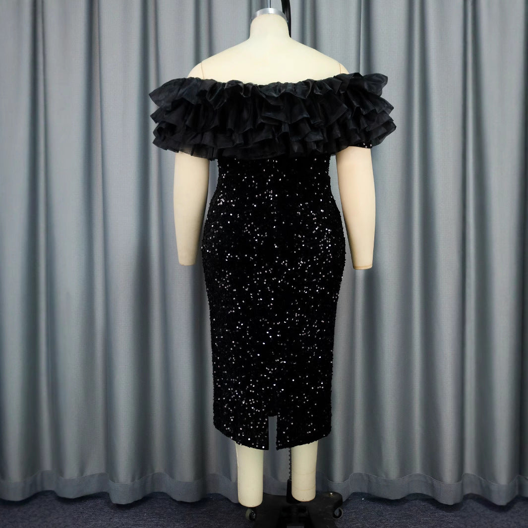 Damen glamouröses Abendkleid mit voluminösen Rüschen und Pailletten Drune