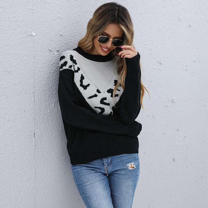 Damen Feinstrickpullover mit kontrastiver Leo‑Jacquard‑Passe und legerer Silhouette Drune