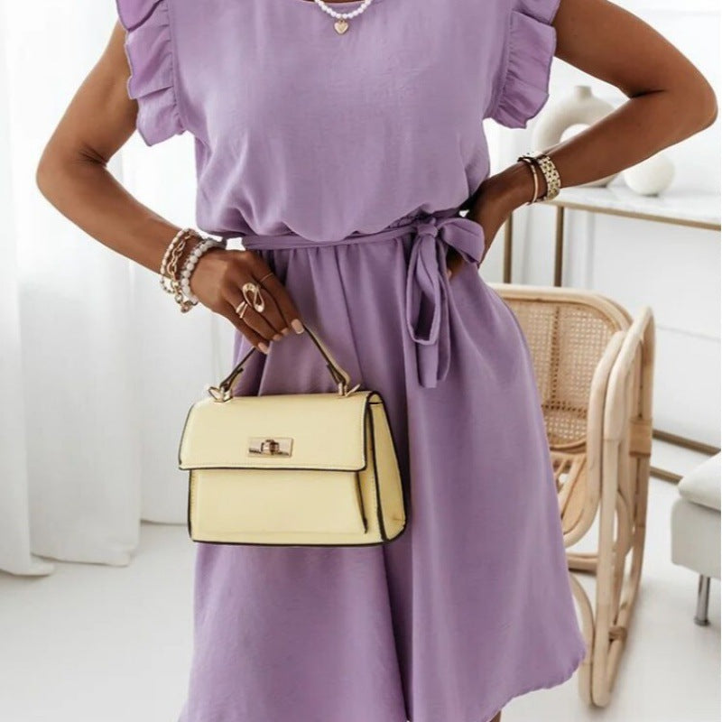 Damen Luftiges Sommerkleid mit Rüschendetails und Taillengürtel Drune