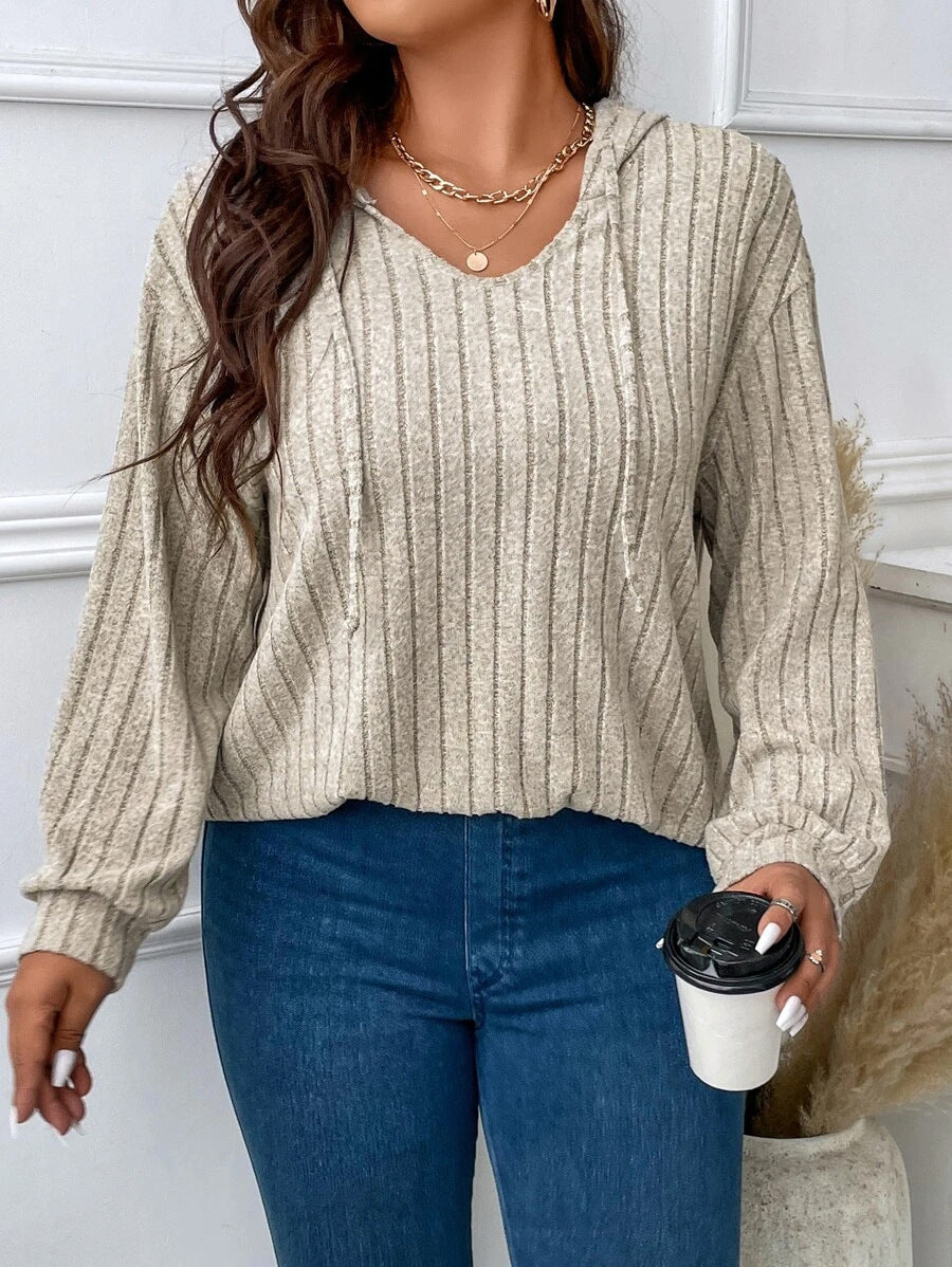 Damen nan gerippter Kapuzenpullover aus Feinstrick mit V-Ausschnitt Drune