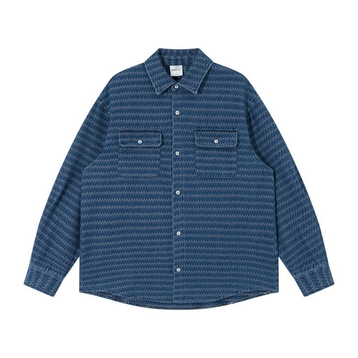 Unisex Strukturierte Baumwoll-Overshirtjacke mit Zickzack-Jacquard und aufgesetzten Brusttaschen Drune