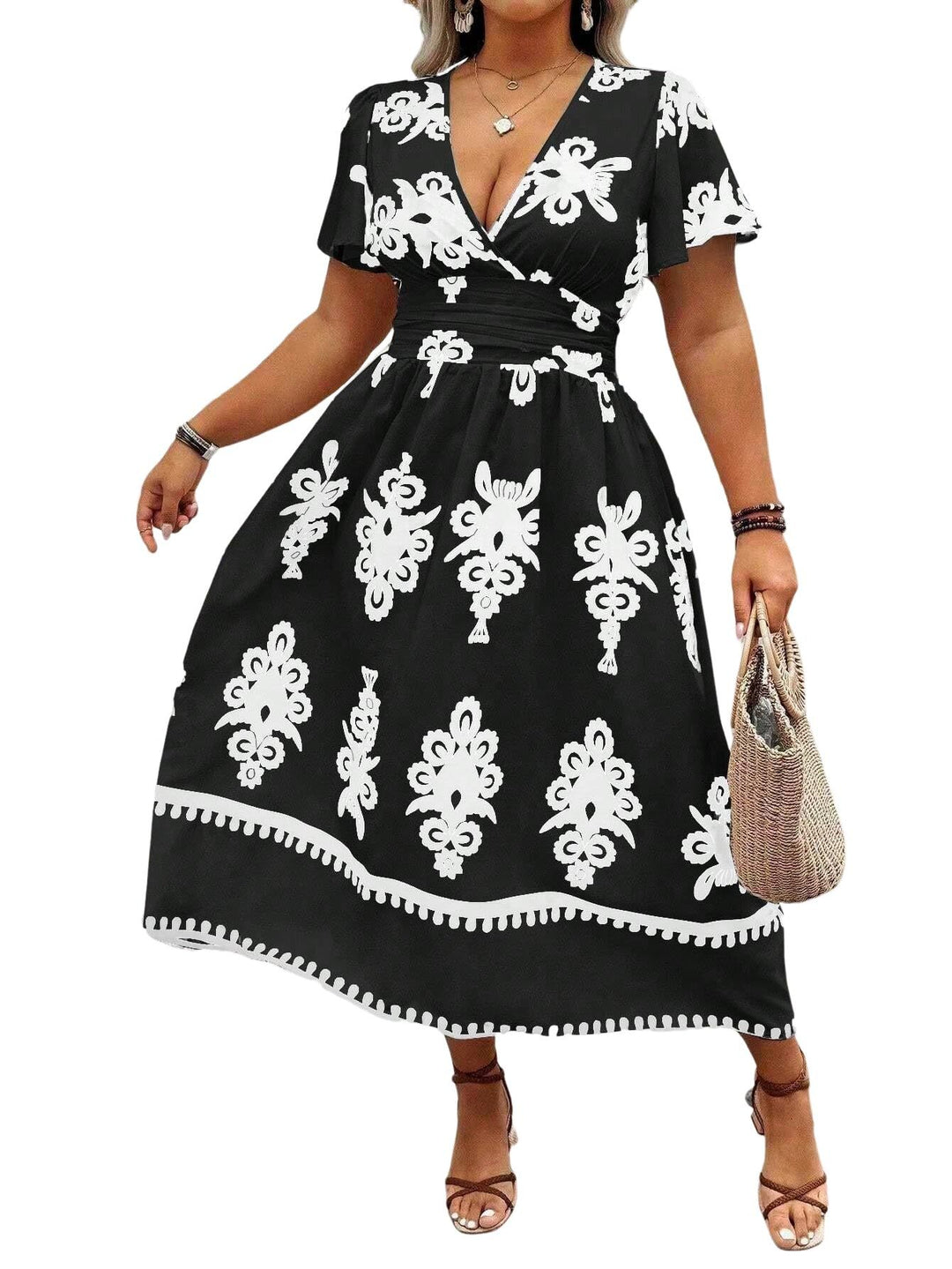 Damen Wickel-Midikleid mit taillierter Drapierung und dekorativem Bordürenprint Drune