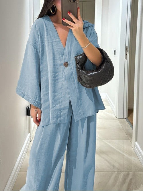 Damen lässiges Two-Piece Set mit oversized Schnitt und Knopfverschluss Drune