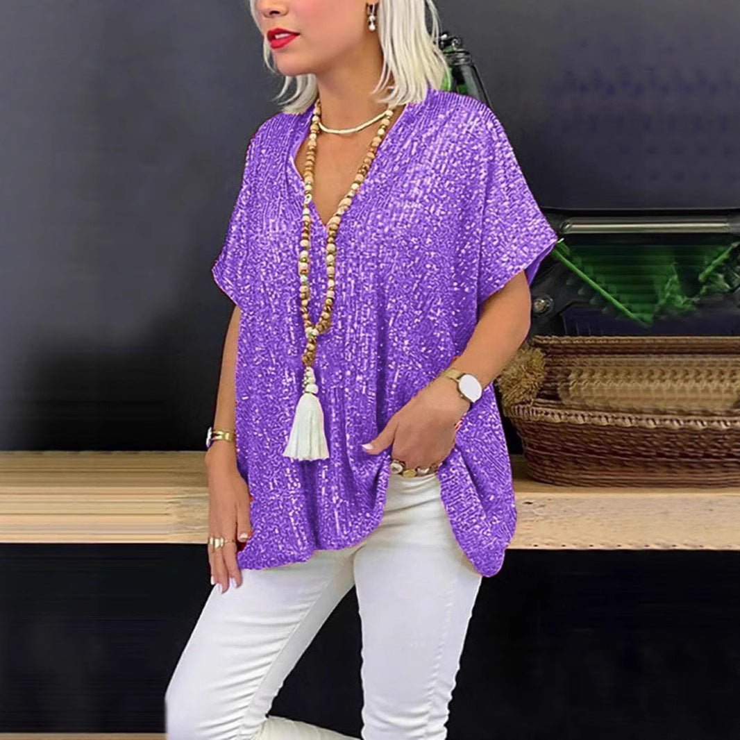 Damen Glitzerndes Tunika-Shirt mit V-Ausschnitt Drune