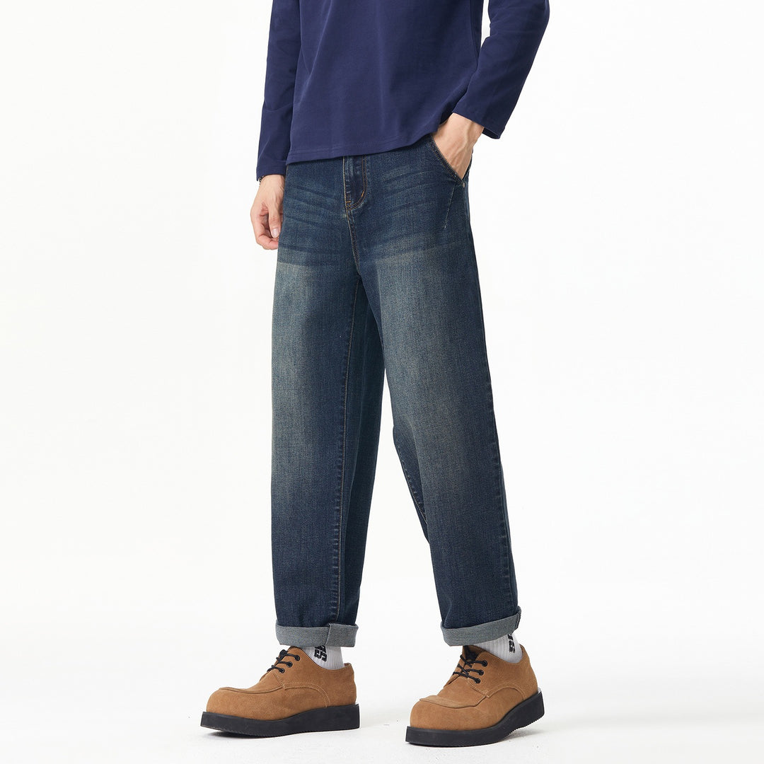 Herren Weite gerade geschnittene Denim-Jeans mit Used‑Wash und Umschlagbund Drune