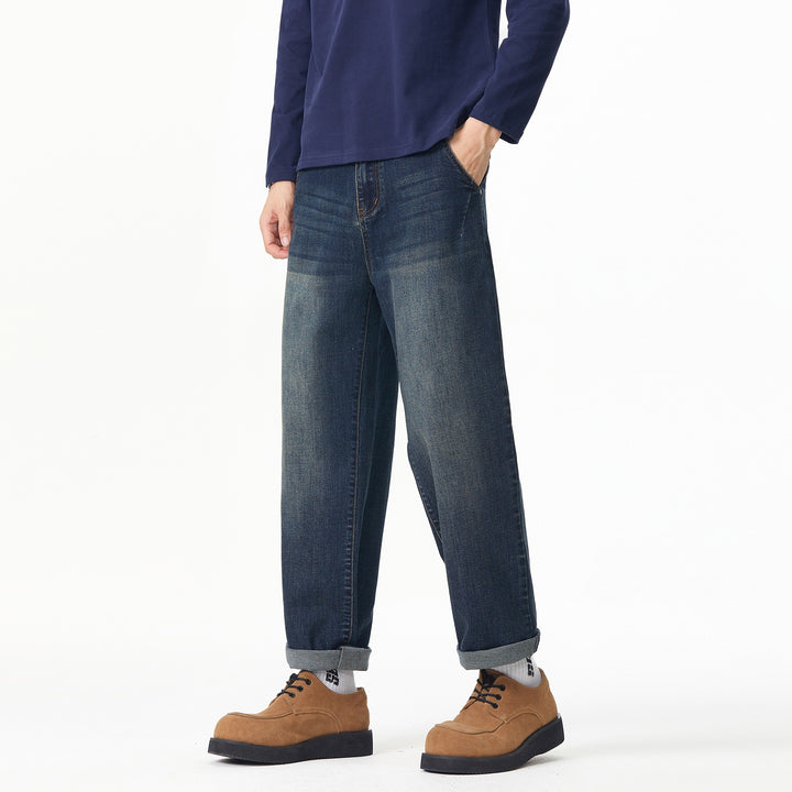 Herren Weite gerade geschnittene Denim-Jeans mit Used‑Wash und Umschlagbund Drune