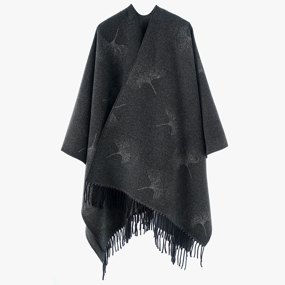 Damen Fransen-Capeponcho mit Pusteblumen-Jacquard und Oversize-Schnitt Drune