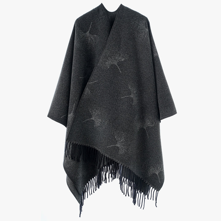 Damen Fransen-Capeponcho mit Pusteblumen-Jacquard und Oversize-Schnitt Drune