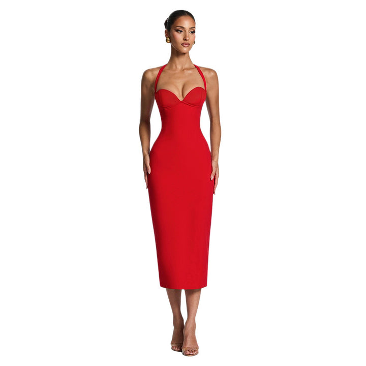 Damen Figurbetontes Midi-Kleid mit Herzausschnitt und verstellbaren Trägern Drune