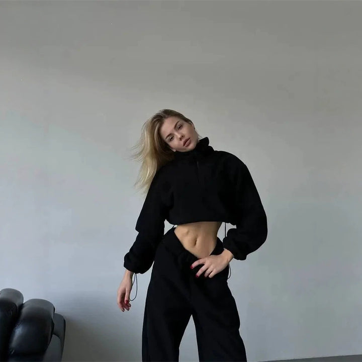 Damen Fleece-Cropped-Sweatshirt mit halbem Reißverschluss und Tunnelzug Drune