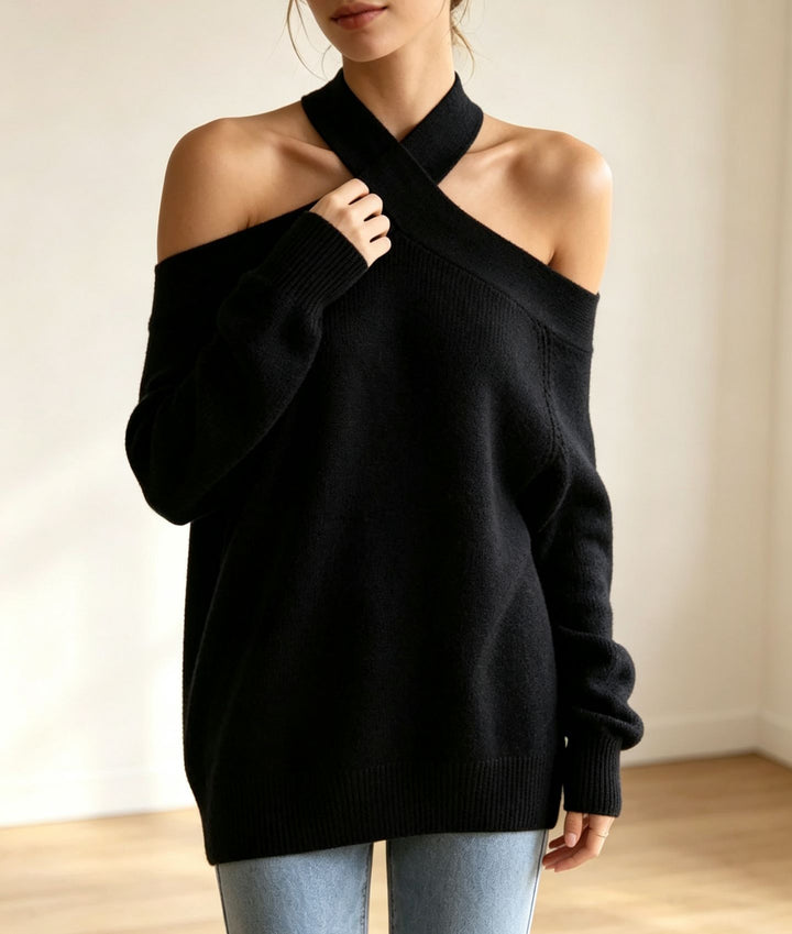 Damen Grobgestrickter schulterfreier Pullover mit überkreuztem Neckholder Drune