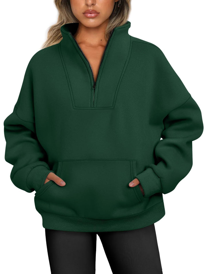 Damen nan oversized Halbzip-Hoodie mit hohem Stehkragen, Kängurutasche und gerippten Bündchen Drune