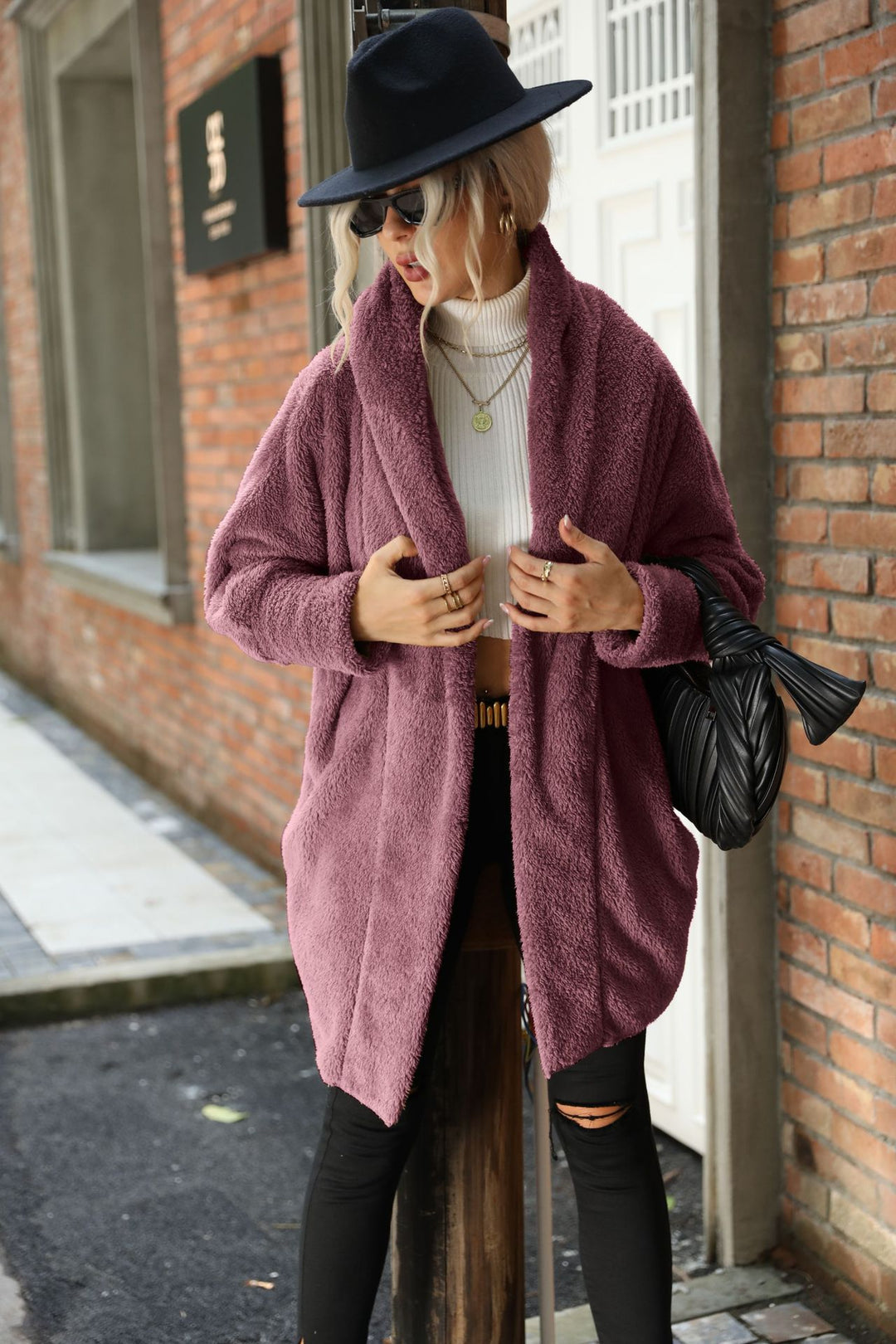 Damen Kuscheliger Oversize-Mantel aus weichem Plüsch mit großem Kragen Drune