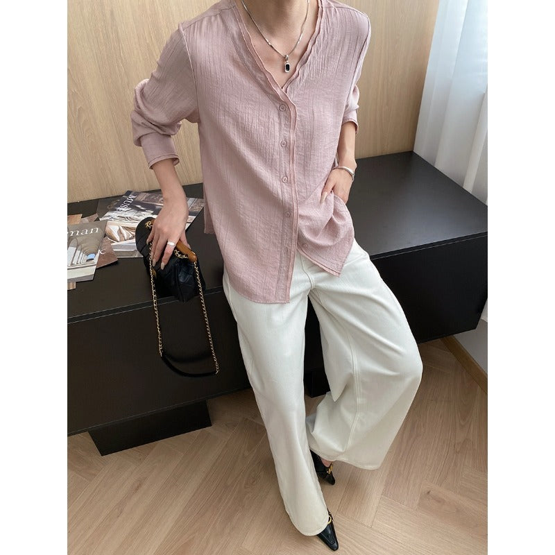 Damen lässige Bluse mit Knöpfen und modernem V-Ausschnitt Drune