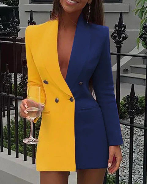 Drune | Blazer Kleid Taillierte Passform Zweifarbige Doppelte Knopfleiste V-Ausschnitt Mini Lange Ärmel