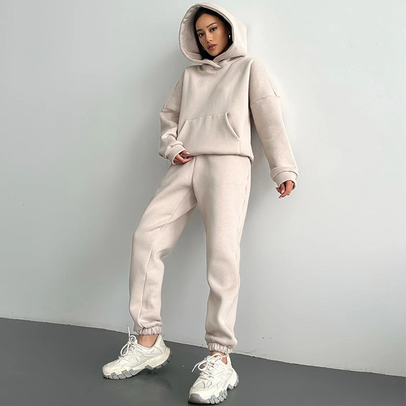 Damen nan zweiteiliges Komfort-Loungewear-Set mit oversized Kapuzenpullover, Kängurutasche und elastischem Knöchel-Jogger aus French Terry Drune
