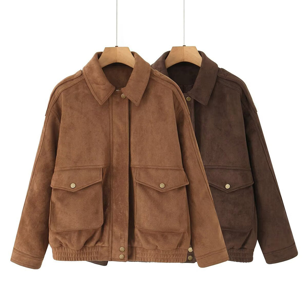 Damen Oversize Wildlederoptik-Bomberjacke mit Pattentaschen und elastischem Saum Drune