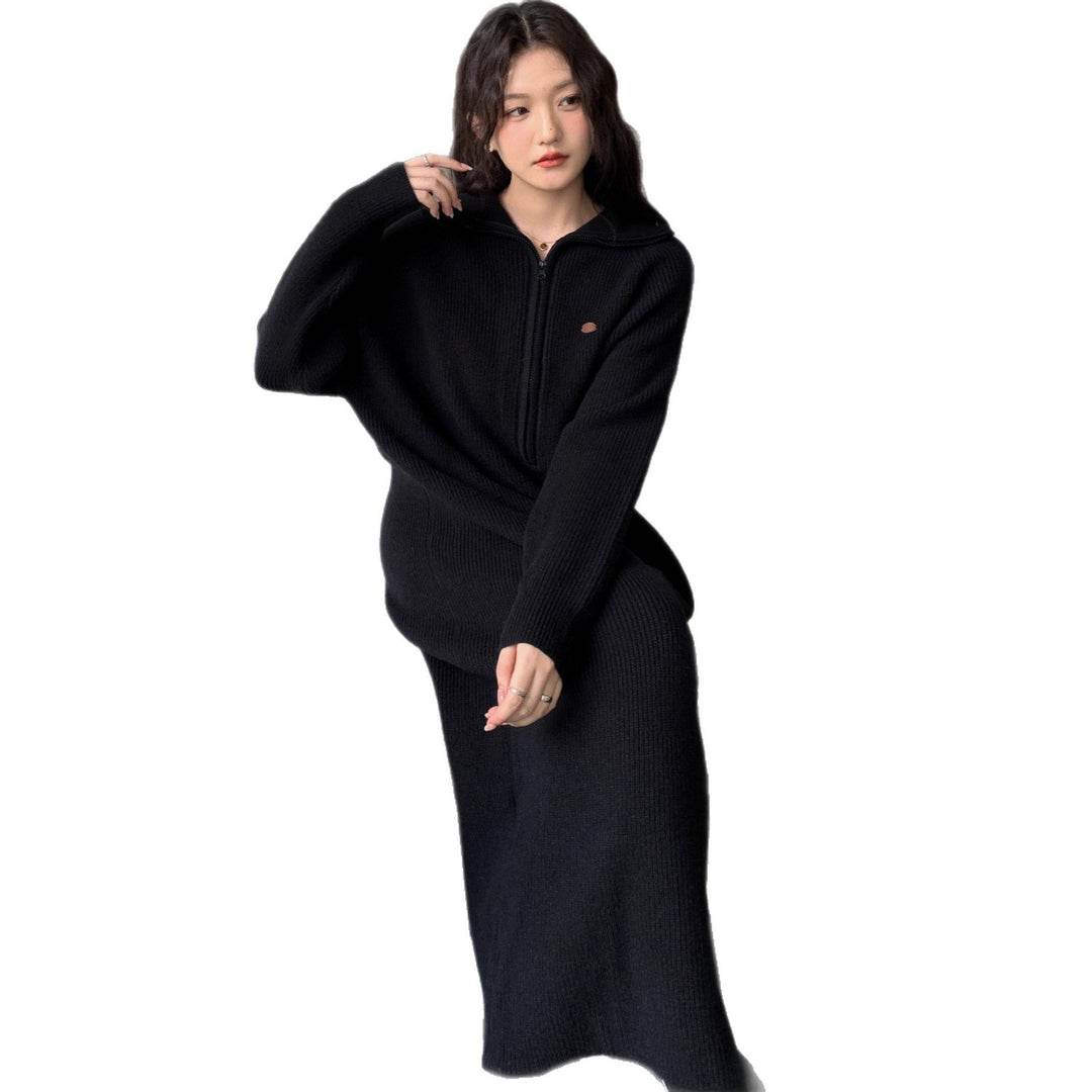 Damen Geripptes Kapuzen-Strickmaxikleid mit halbem Reißverschluss und weitem Fall Drune