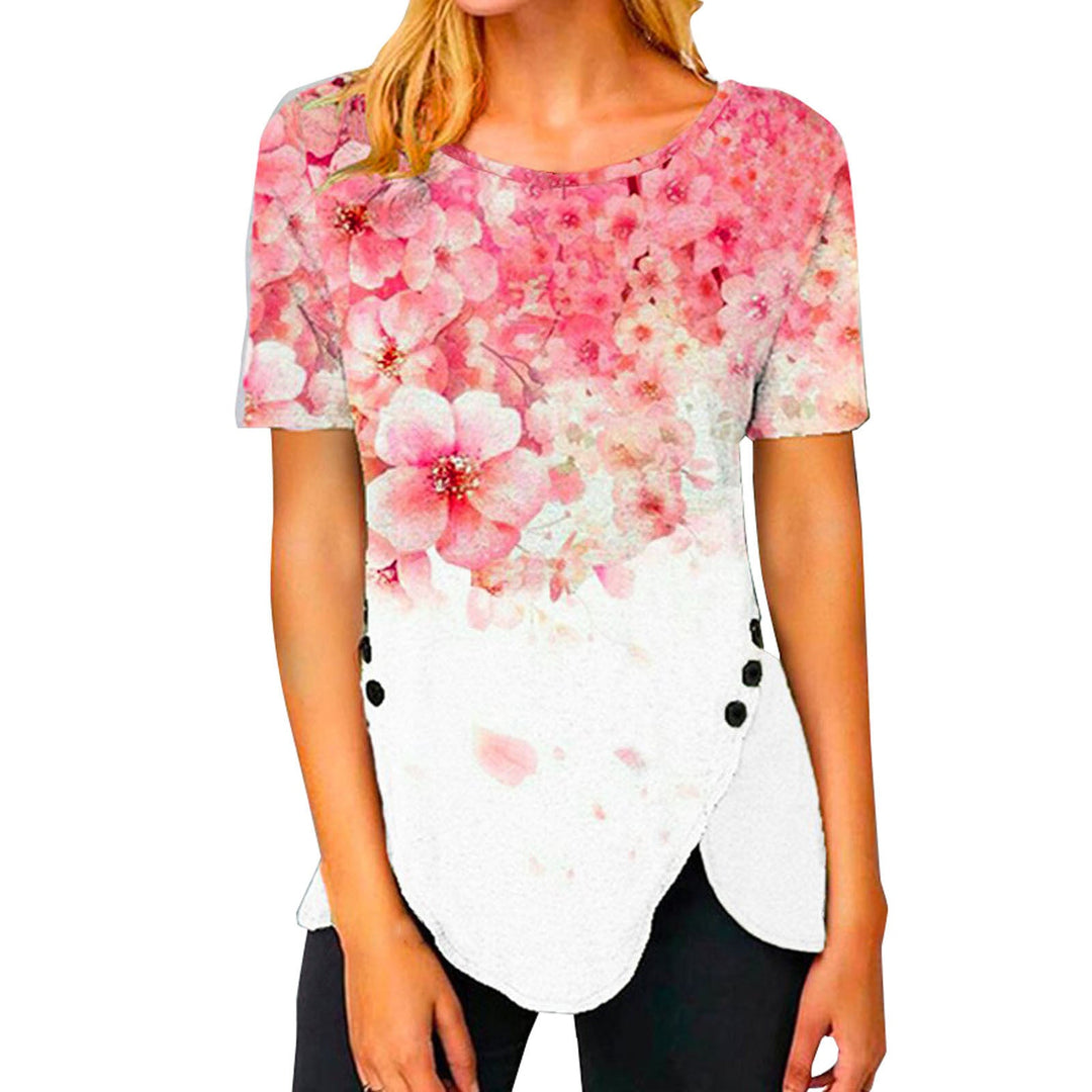 Damen lässiges T-Shirt mit dekorativem Floraldesign und asymmetrischem Saum Drune