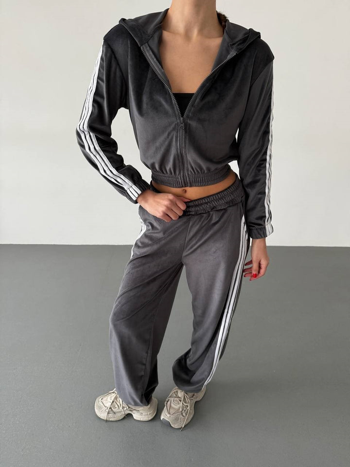 Damen Retro-Samt Trainingsanzug mit seitlichen Streifen, hochgeschnittener Bund und Reißverschluss Drune
