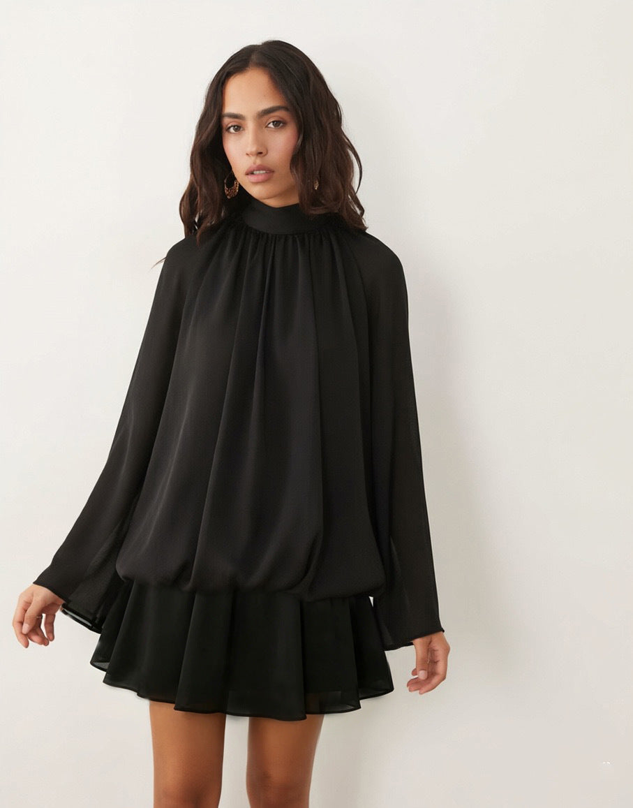 Damen Chiffon-Minikleid mit geraffter Blusentunika, Stehkragen und Volantrock Drune