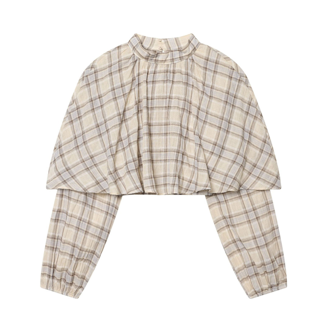 Damen Karierte Bluse mit Stehkragen, gerafftem Yoke und voluminösen Raglanärmeln Drune