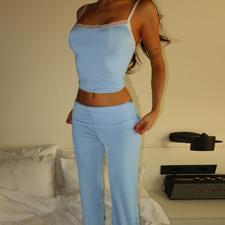 Damen elegantes Lounge-Set mit tailliertem Top und weitem Hosenbein Drune