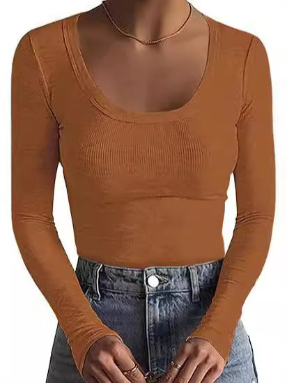 Damen Schmal geschnittenes Langarm-Feinstricktop mit weitem U-Ausschnitt Drune
