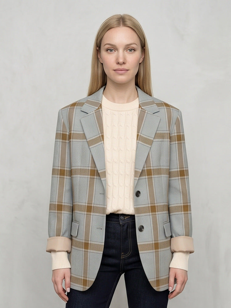 Damen Oversize-Karoblazer im Glencheck mit kastiger Silhouette und fallendem Revers Drune